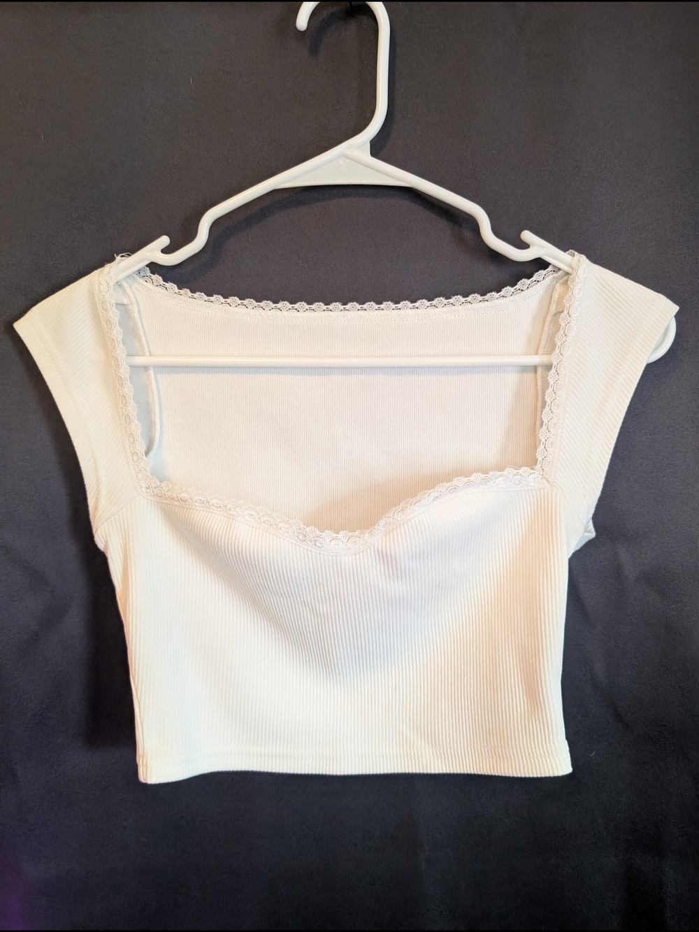 Square Neck Ribbed Lace Trim Crop Top - Cream